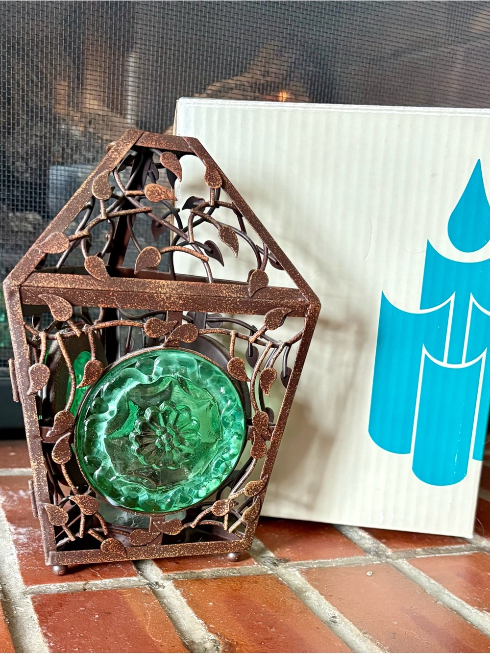 Retired PartyLite La Rosetta hanging lantern Metal & Green Glass Rustic Floral - Picture 6 of 11